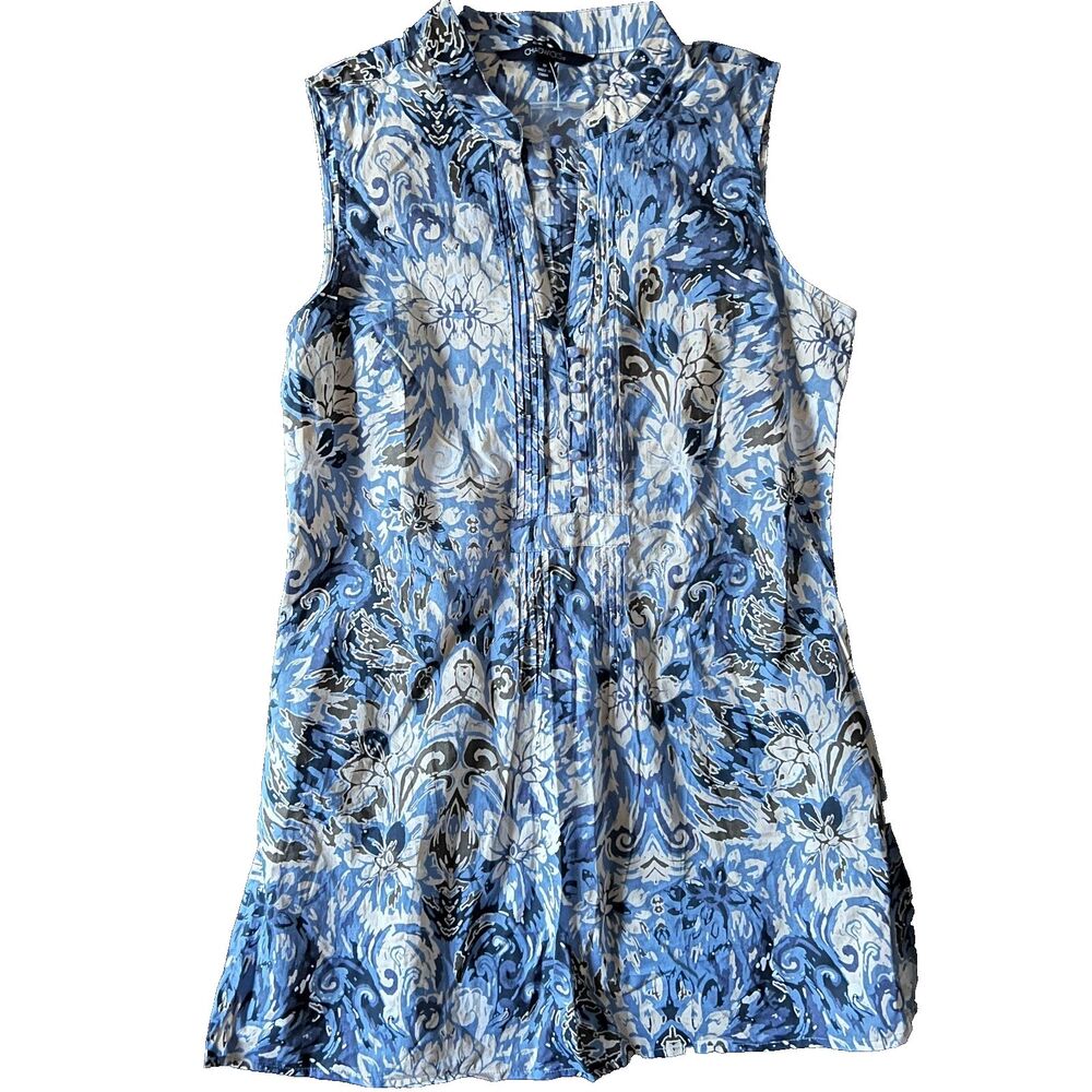 Chadwicks Tunic Top M 100% Cotton Blue Floral Pleats NWT